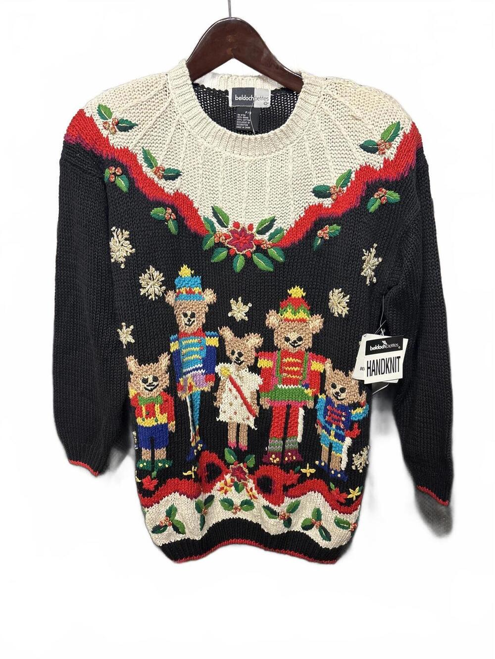 Vintage RARE New Beldock Petites Handknit Nutcracker Bear Sweater Small Women's